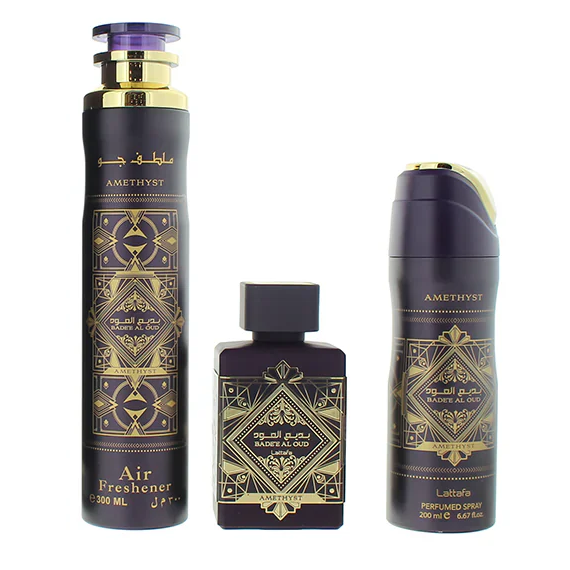 Lattafa Estuche Badee Al Oud Amethyst edp 100ml+200ml Perfume Spray + 300ml Air Freshener Unisex - Perfumisimo