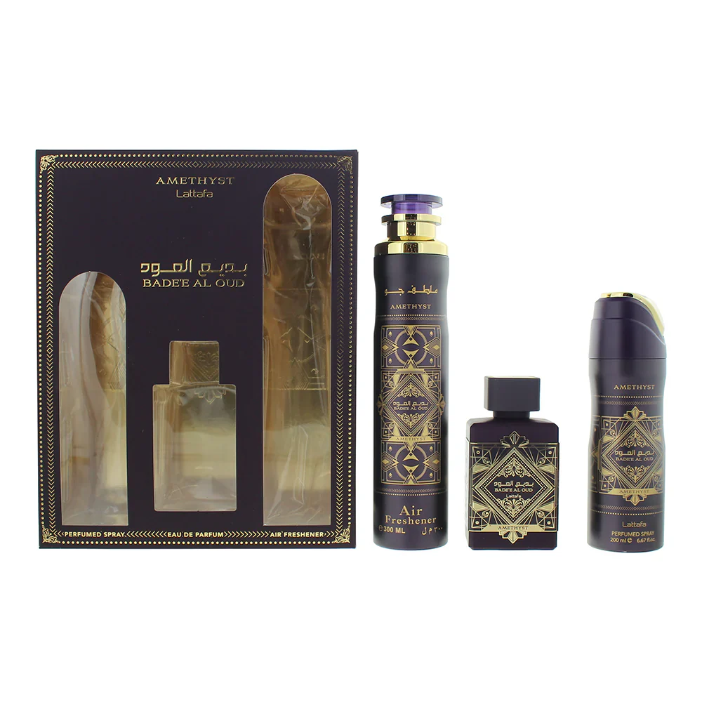 Lattafa Estuche Badee Al Oud Amethyst edp 100ml+200ml Perfume Spray + 300ml Air Freshener Unisex - Perfumisimo