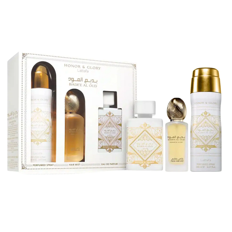 Lattafa Estuche Badee Al Oud Honor  And Glory 100ml+200ml Perfume Spray + 50ml Hair Mist Unisex