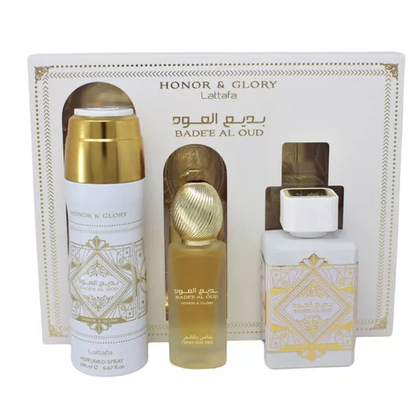 Lattafa Estuche Badee Al Oud Honor  And Glory 100ml+200ml Perfume Spray + 50ml Hair Mist Unisex