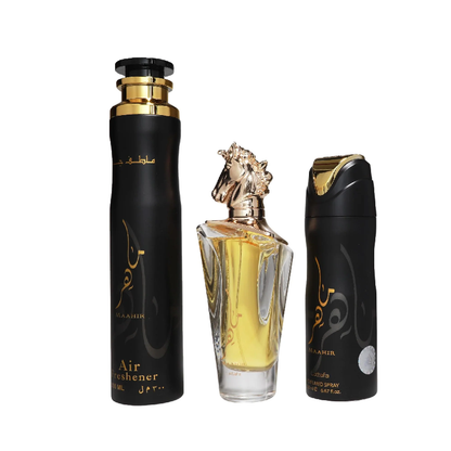 Lattafa Estuche Maahir edp 100ml+200ml Perfume Spray + 300ml Air Freshener Unisex
