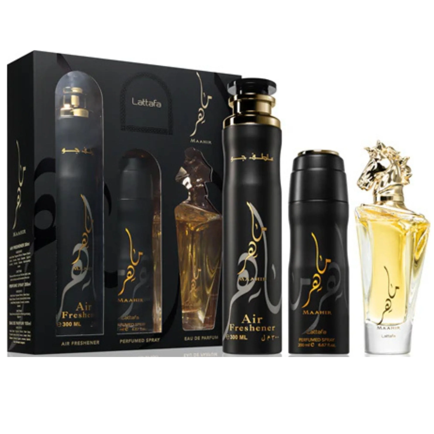Lattafa Estuche Maahir edp 100ml+200ml Perfume Spray + 300ml Air Freshener Unisex